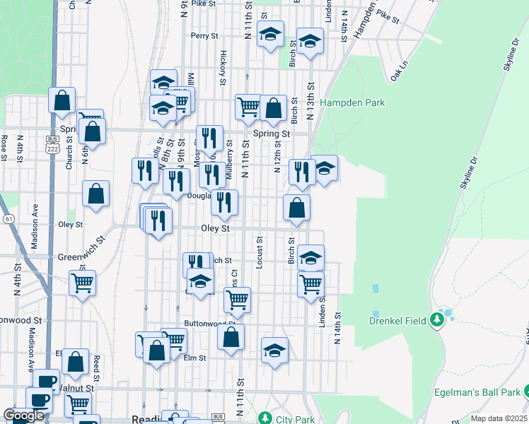 map of restaurants, bars, coffee shops, grocery stores, and more near 735 Locust Street in Reading
