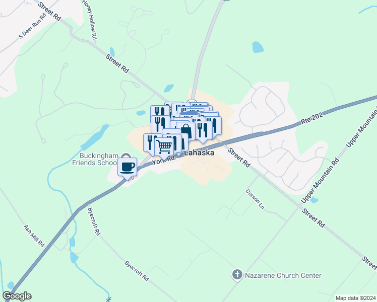 map of restaurants, bars, coffee shops, grocery stores, and more near 5820 Lower York Road in New Hope