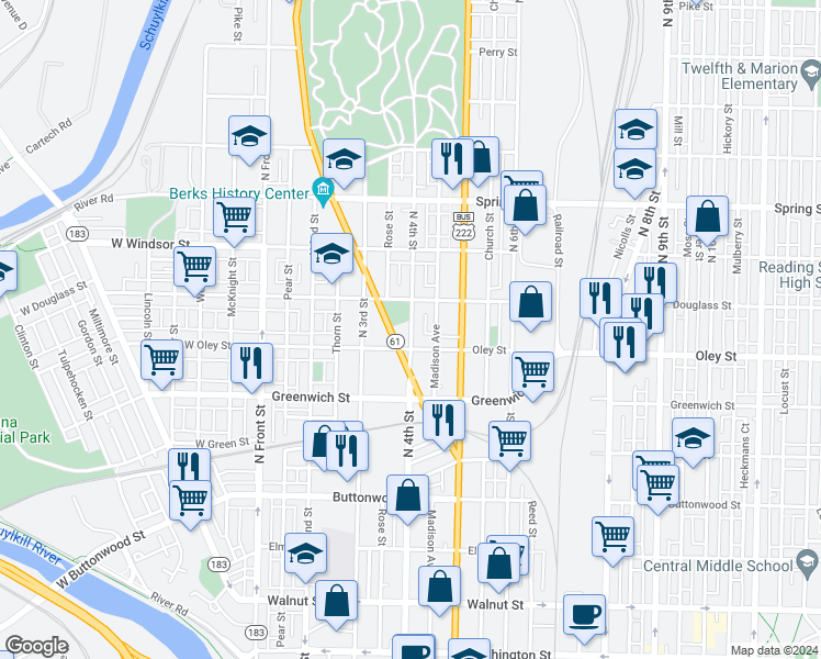 map of restaurants, bars, coffee shops, grocery stores, and more near 715 North 4th Street in Reading