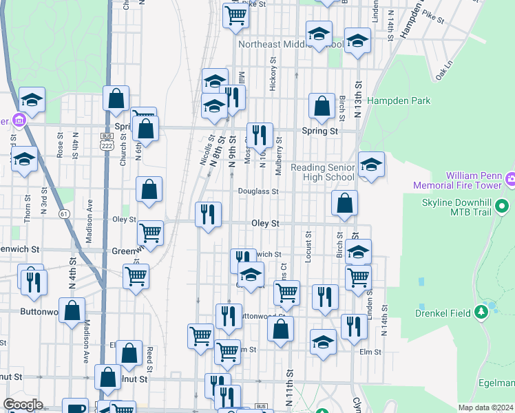 map of restaurants, bars, coffee shops, grocery stores, and more near 748 North 10th Street in Reading