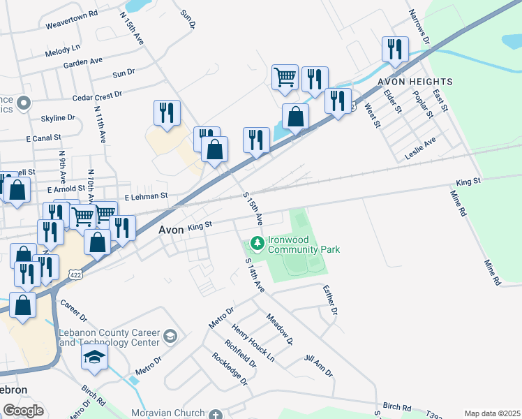 map of restaurants, bars, coffee shops, grocery stores, and more near 1525 King Street in Lebanon