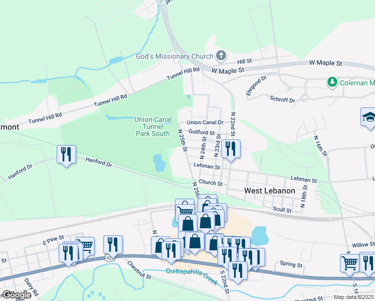 map of restaurants, bars, coffee shops, grocery stores, and more near 2417 Mifflin Street in Lebanon