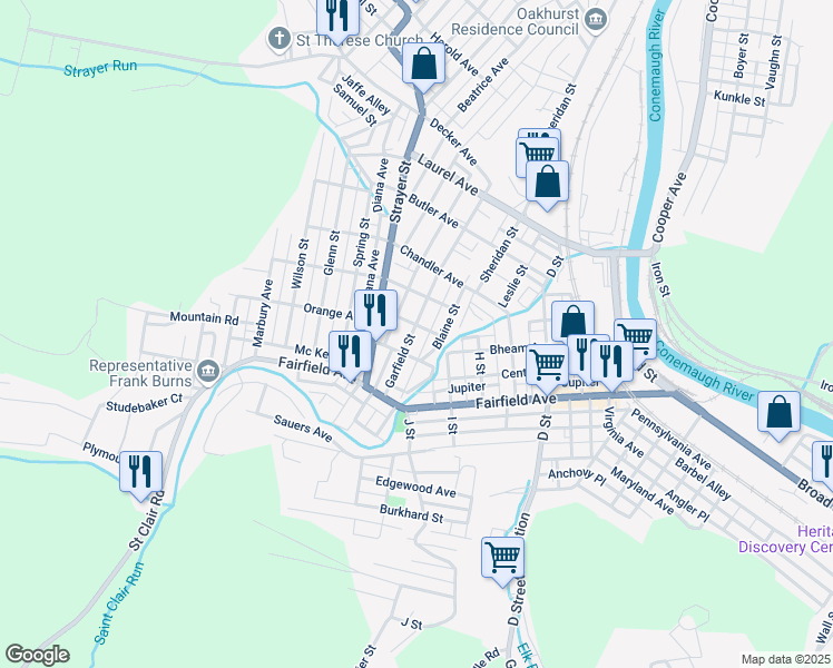 map of restaurants, bars, coffee shops, grocery stores, and more near 184 Garfield Street in Johnstown