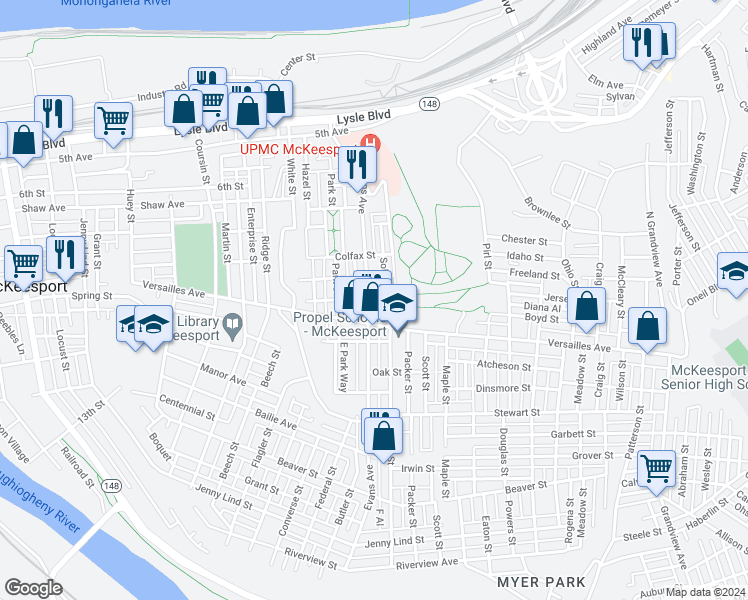 map of restaurants, bars, coffee shops, grocery stores, and more near 1006 Evans Avenue in McKeesport