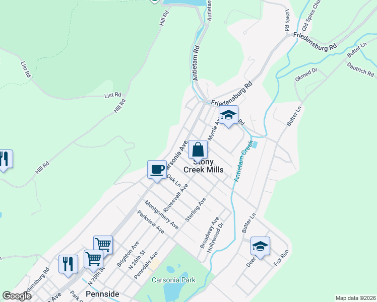 map of restaurants, bars, coffee shops, grocery stores, and more near 1301 Carsonia Avenue in Reading