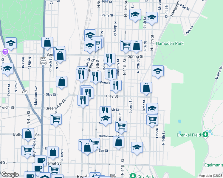 map of restaurants, bars, coffee shops, grocery stores, and more near 731 North 10th Street in Reading