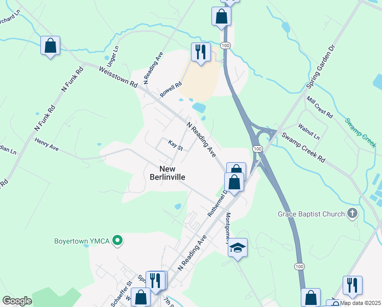map of restaurants, bars, coffee shops, grocery stores, and more near 27 Hughes Avenue in Boyertown