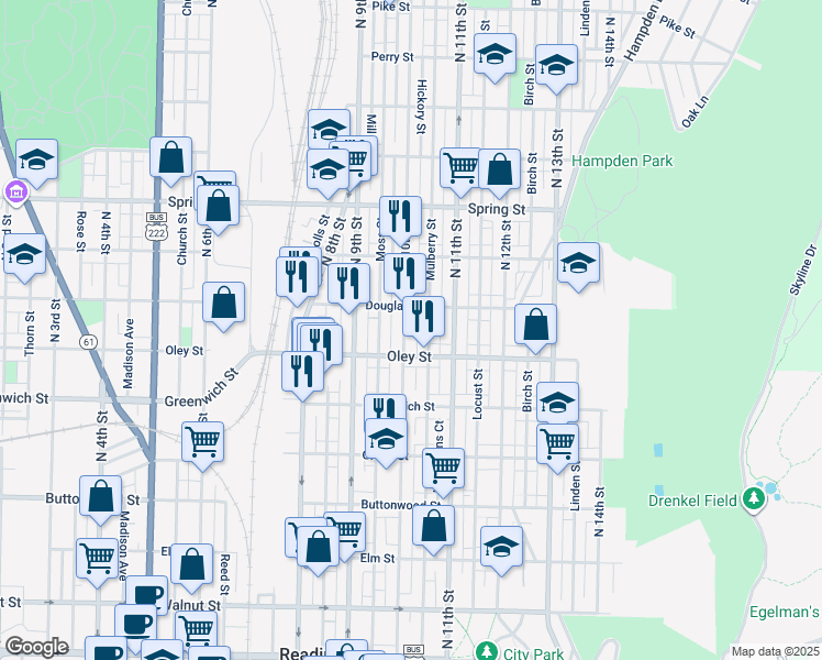 map of restaurants, bars, coffee shops, grocery stores, and more near 731 North 10th Street in Reading