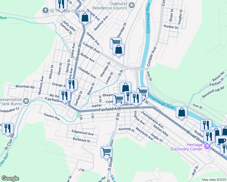 map of restaurants, bars, coffee shops, grocery stores, and more near Mercury Alley in Johnstown