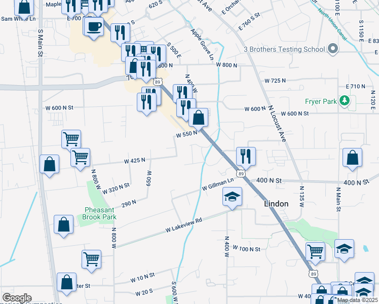 map of restaurants, bars, coffee shops, grocery stores, and more near 511 North 475 West in Lindon