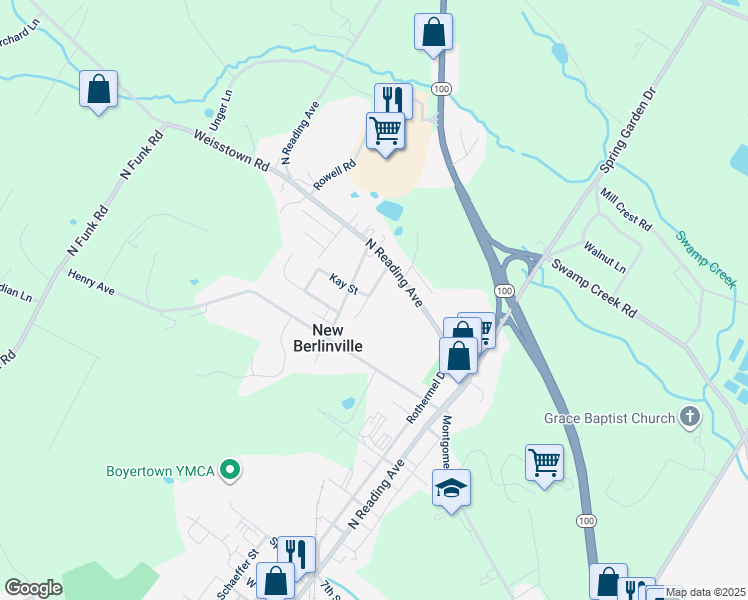 map of restaurants, bars, coffee shops, grocery stores, and more near 27 Hughes Avenue in Boyertown