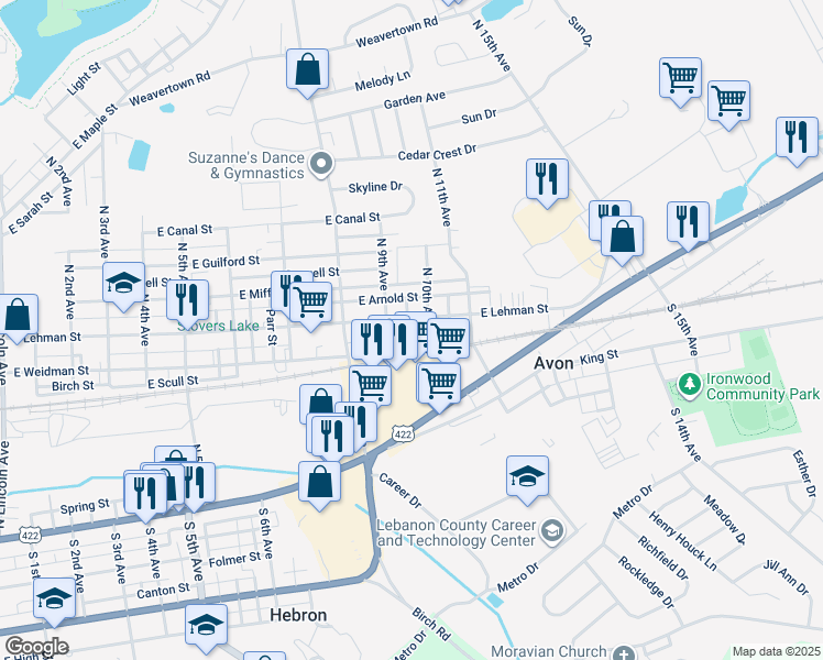 map of restaurants, bars, coffee shops, grocery stores, and more near 924 East Lehman Street in Lebanon