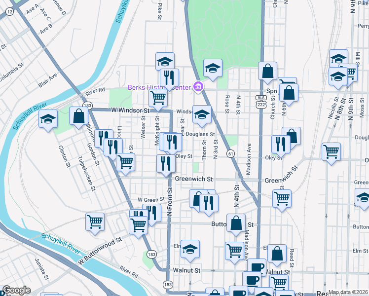 map of restaurants, bars, coffee shops, grocery stores, and more near 740 Pear Street in Reading