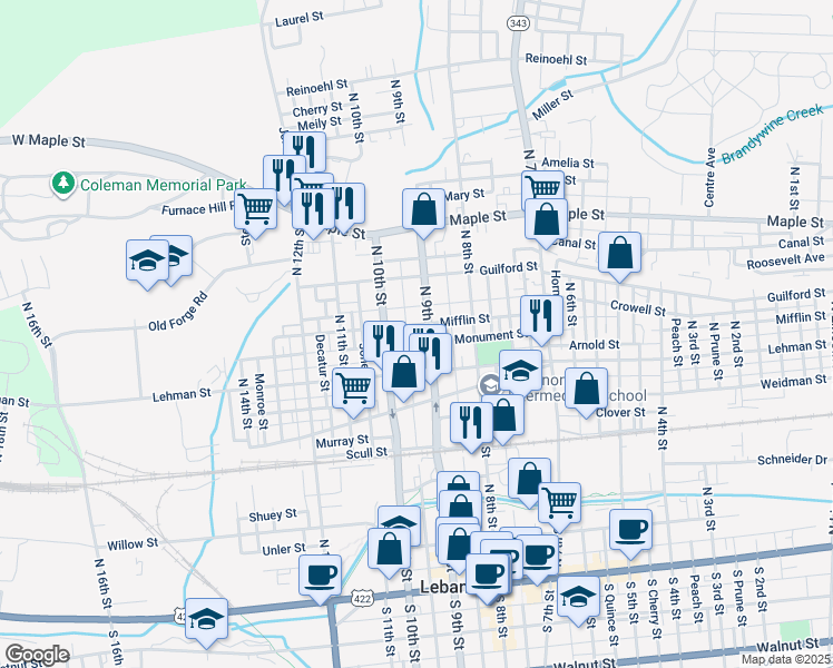 map of restaurants, bars, coffee shops, grocery stores, and more near 439 North 9th Street in Lebanon