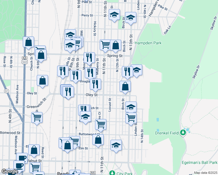 map of restaurants, bars, coffee shops, grocery stores, and more near 740 Locust Street in Reading