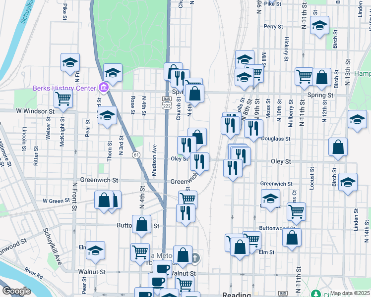 map of restaurants, bars, coffee shops, grocery stores, and more near 734 North 6th Street in Reading