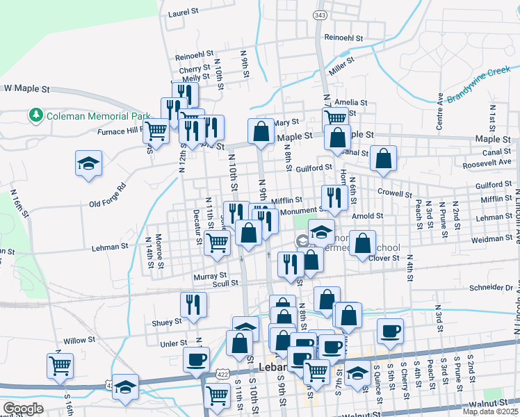 map of restaurants, bars, coffee shops, grocery stores, and more near 439 North 9th Street in Lebanon