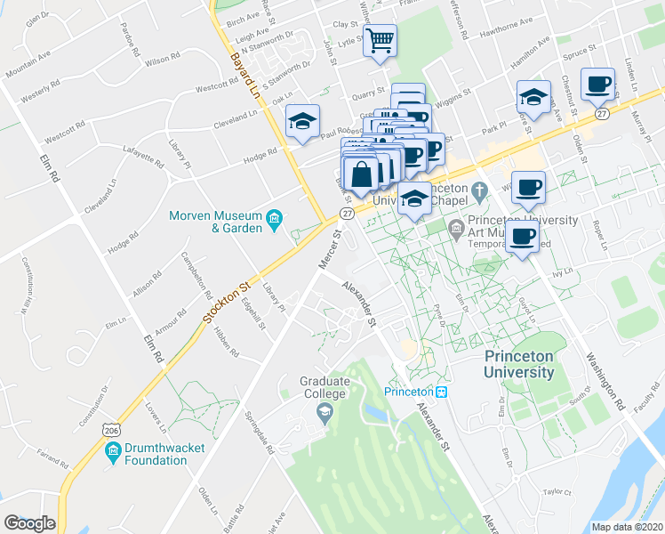 map of restaurants, bars, coffee shops, grocery stores, and more near 36 Mercer Street in Princeton
