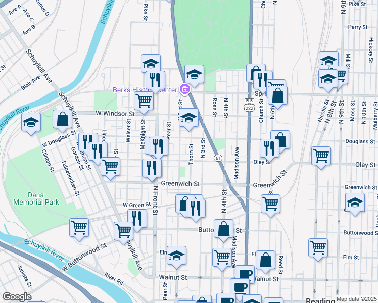 map of restaurants, bars, coffee shops, grocery stores, and more near 726 Thorn Street in Reading