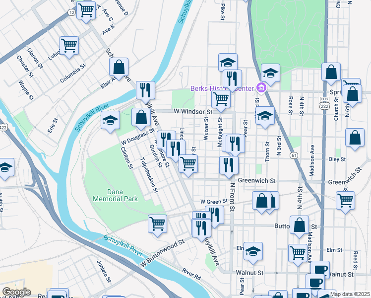 map of restaurants, bars, coffee shops, grocery stores, and more near 732 Ritter Street in Reading