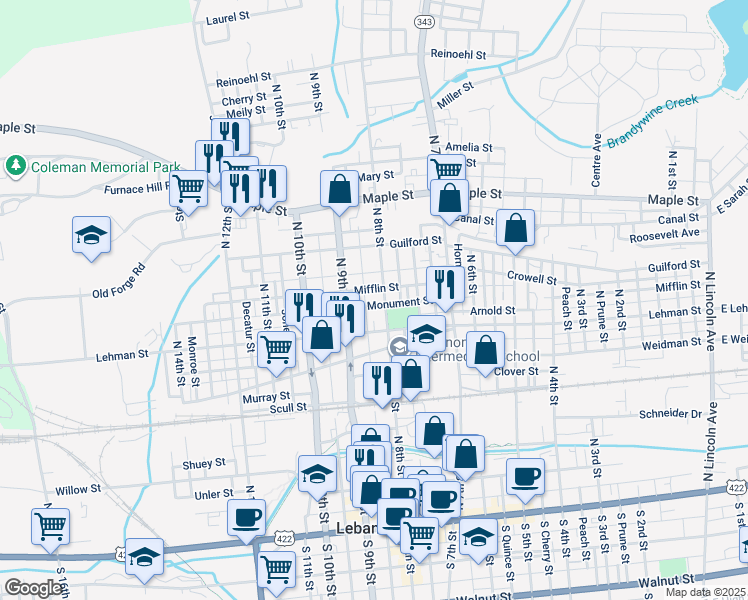 map of restaurants, bars, coffee shops, grocery stores, and more near 435 North 8th Street in Lebanon