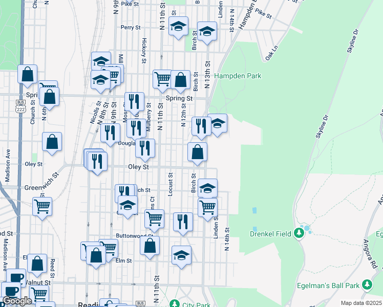 map of restaurants, bars, coffee shops, grocery stores, and more near 755 North 12th Street in Reading