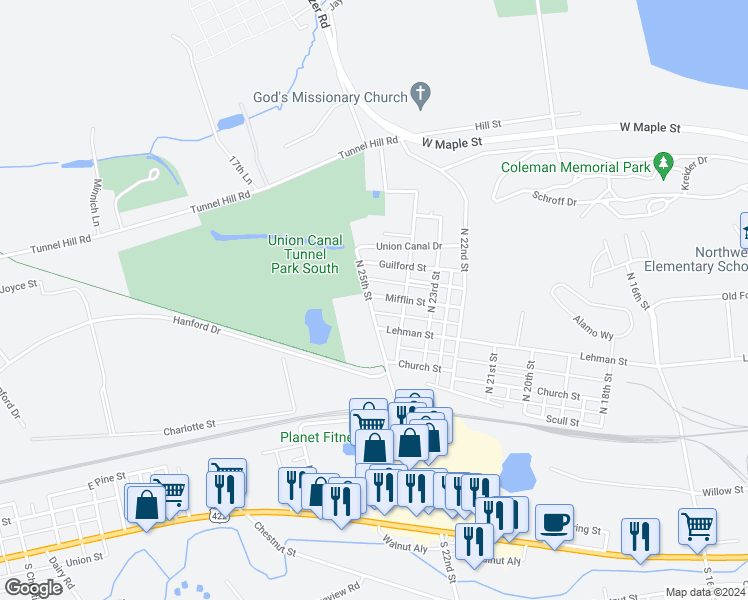 map of restaurants, bars, coffee shops, grocery stores, and more near 2438 Mifflin Street in Lebanon