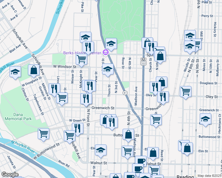 map of restaurants, bars, coffee shops, grocery stores, and more near 729 Thorn Street in Reading