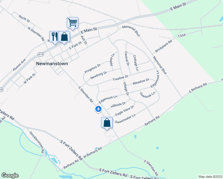 map of restaurants, bars, coffee shops, grocery stores, and more near 20 Evergreen Way in Newmanstown