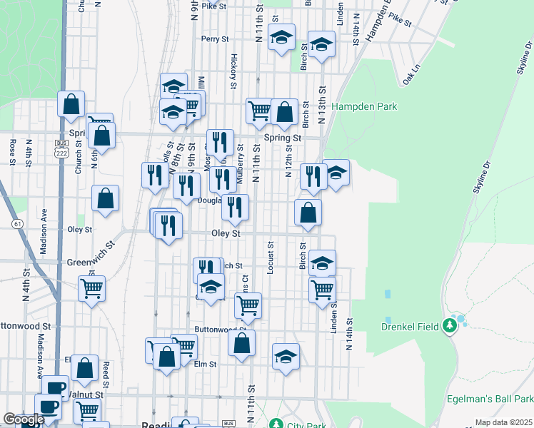 map of restaurants, bars, coffee shops, grocery stores, and more near 740 Locust Street in Reading