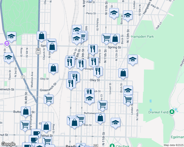 map of restaurants, bars, coffee shops, grocery stores, and more near 750 North 10th Street in Reading