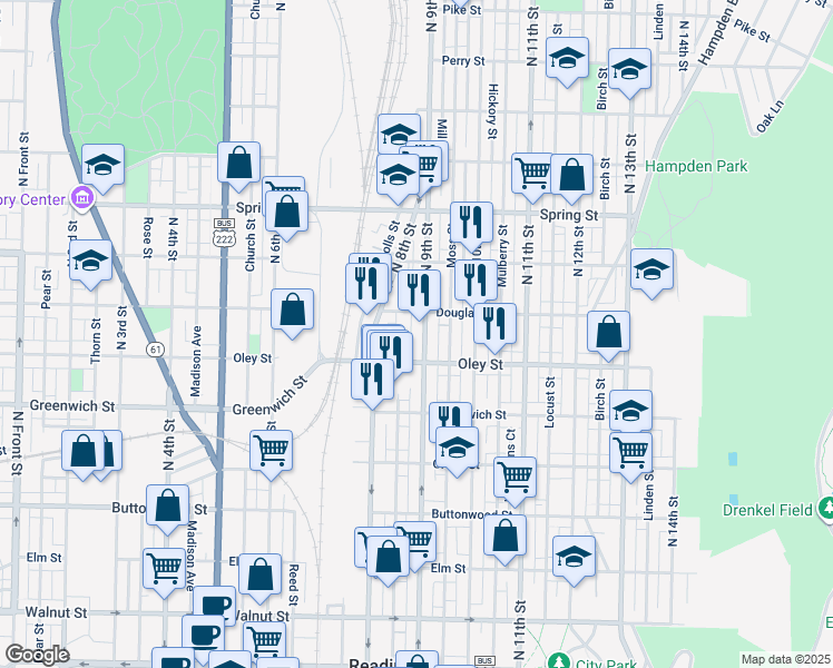 map of restaurants, bars, coffee shops, grocery stores, and more near 734 North 9th Street in Reading