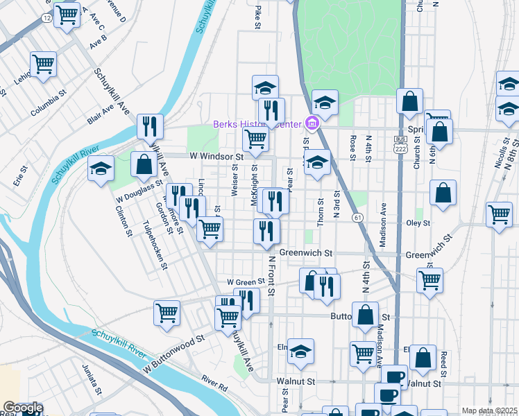map of restaurants, bars, coffee shops, grocery stores, and more near 741R McKnight Street in Reading