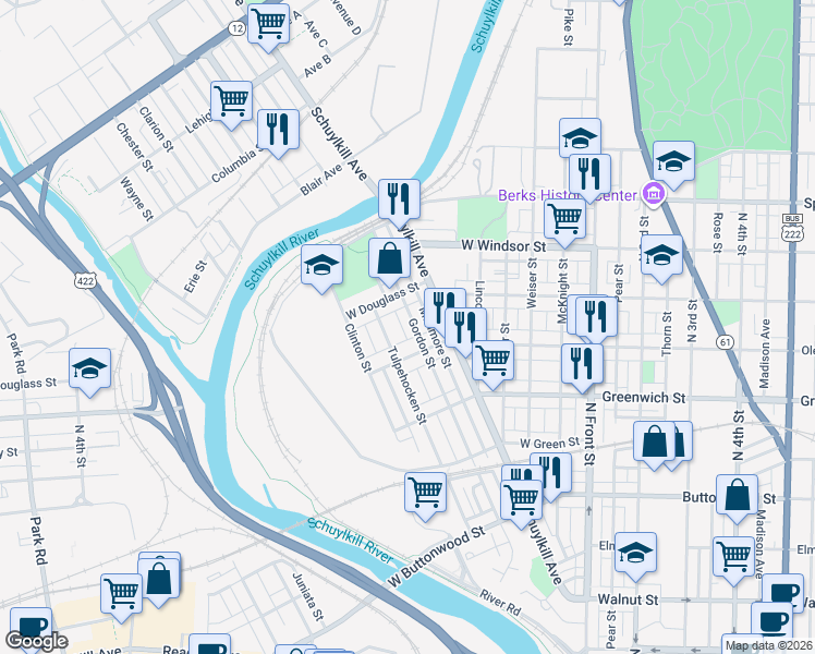 map of restaurants, bars, coffee shops, grocery stores, and more near 729 Gordon Street in Reading