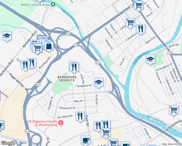 map of restaurants, bars, coffee shops, grocery stores, and more near 855 North Park Road in Wyomissing