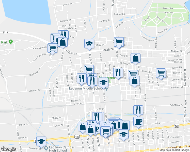 map of restaurants, bars, coffee shops, grocery stores, and more near 823 Mifflin Street in Lebanon