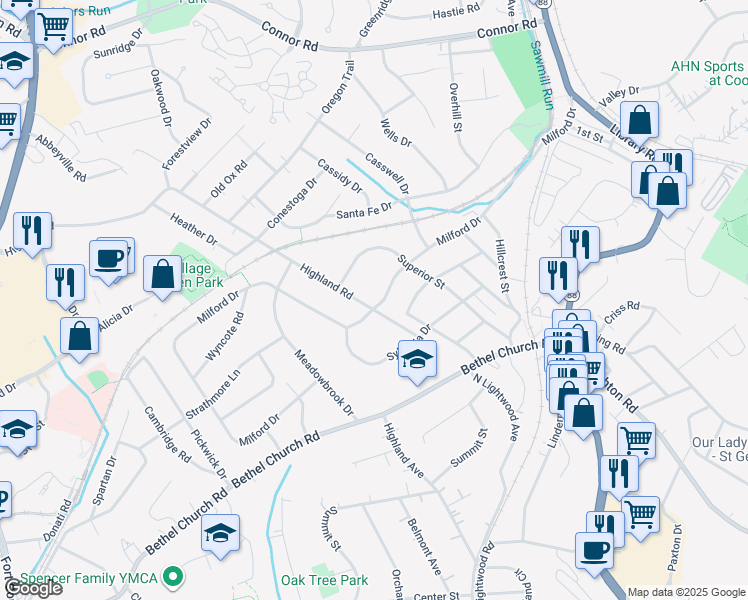 map of restaurants, bars, coffee shops, grocery stores, and more near 2412 Milford Drive in Bethel Park