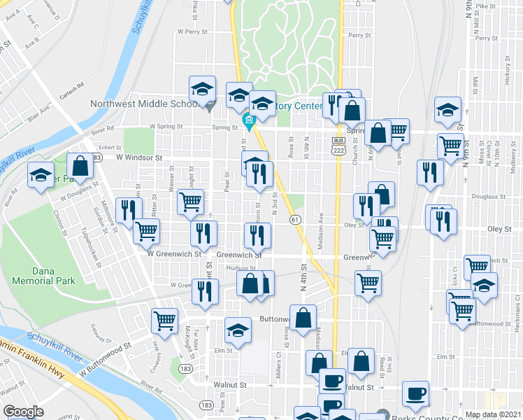 map of restaurants, bars, coffee shops, grocery stores, and more near 729 Thorn Street in Reading
