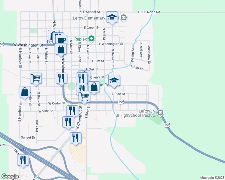 map of restaurants, bars, coffee shops, grocery stores, and more near 505 East Center Street in Le Roy