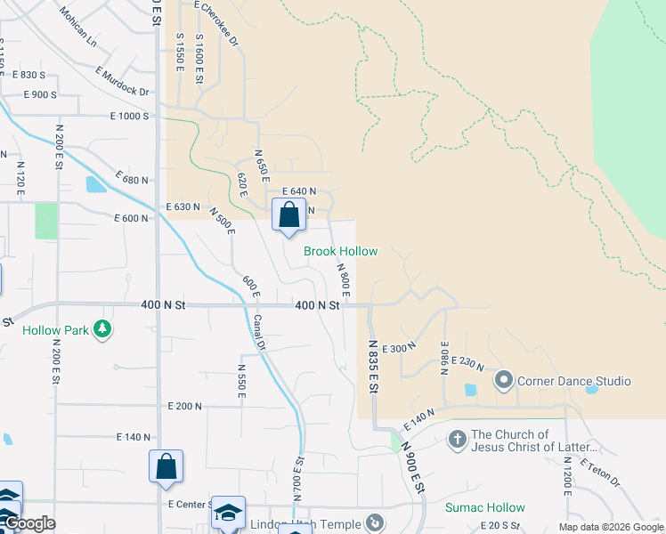 map of restaurants, bars, coffee shops, grocery stores, and more near 477 North 800 East in Lindon
