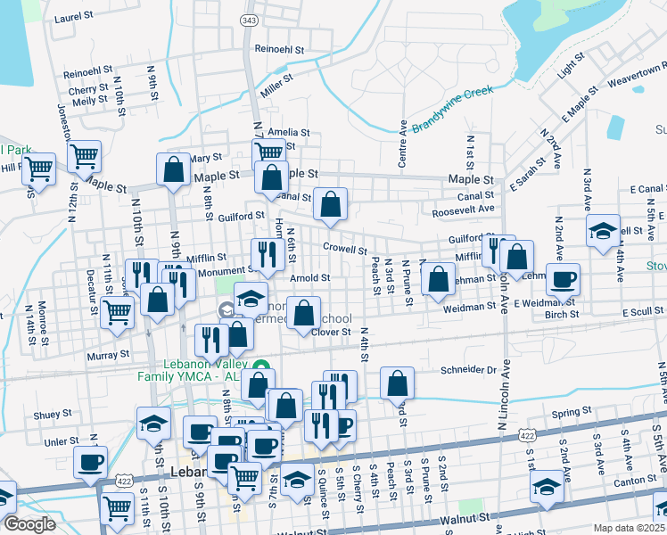 map of restaurants, bars, coffee shops, grocery stores, and more near 432 North 5th Street in Lebanon