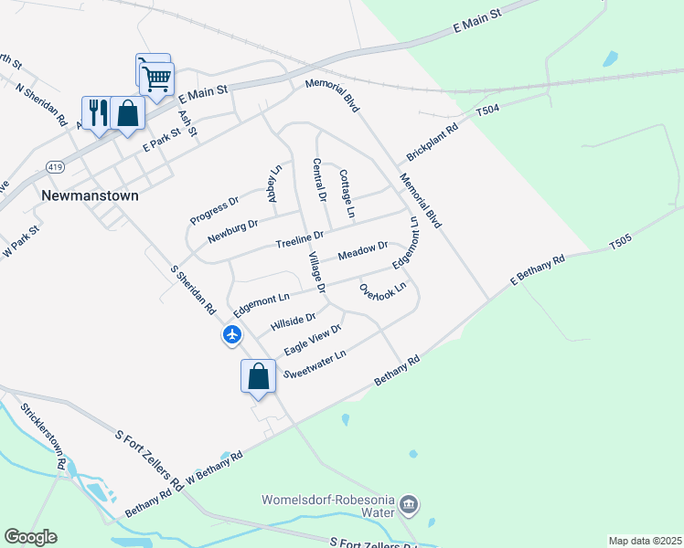 map of restaurants, bars, coffee shops, grocery stores, and more near 122 Edgemont Lane in Newmanstown