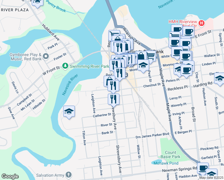 map of restaurants, bars, coffee shops, grocery stores, and more near 123 Shrewsbury Avenue in Red Bank