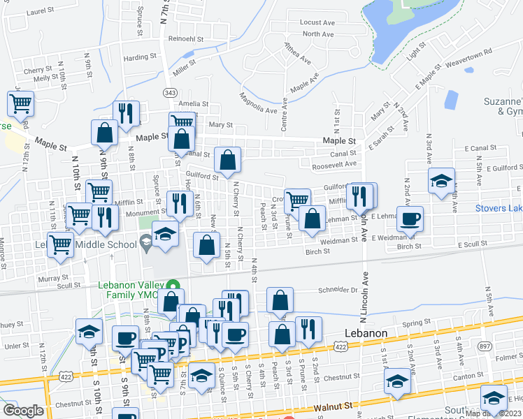 map of restaurants, bars, coffee shops, grocery stores, and more near 316 Peach Street in Lebanon