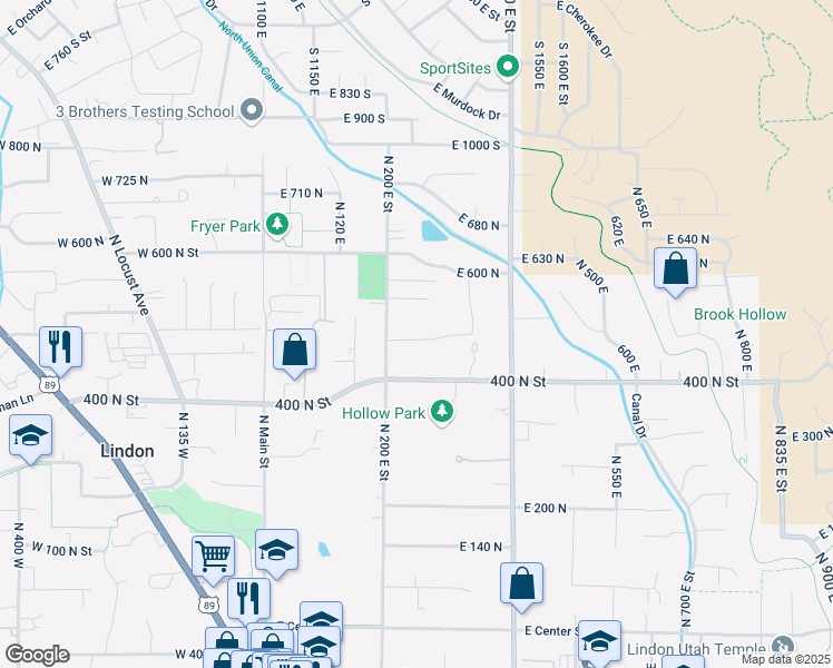 map of restaurants, bars, coffee shops, grocery stores, and more near 251 East 450 North Street in Lindon