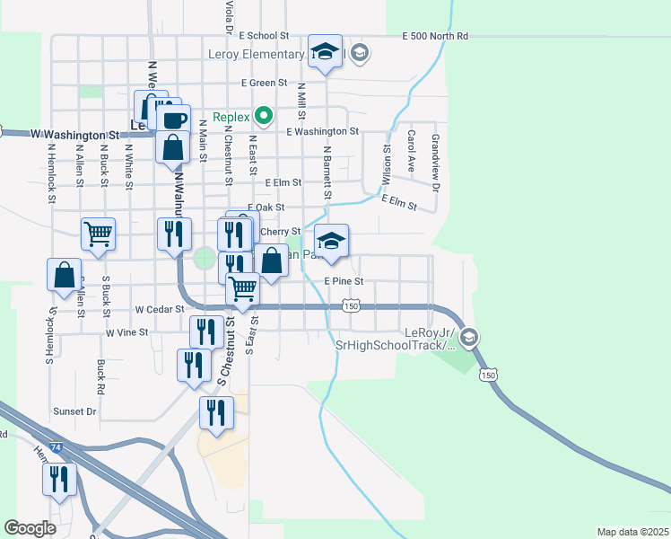map of restaurants, bars, coffee shops, grocery stores, and more near 505 East Center Street in Le Roy