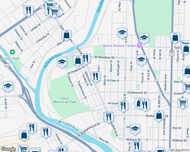 map of restaurants, bars, coffee shops, grocery stores, and more near 320 Hollenbach Street in Reading