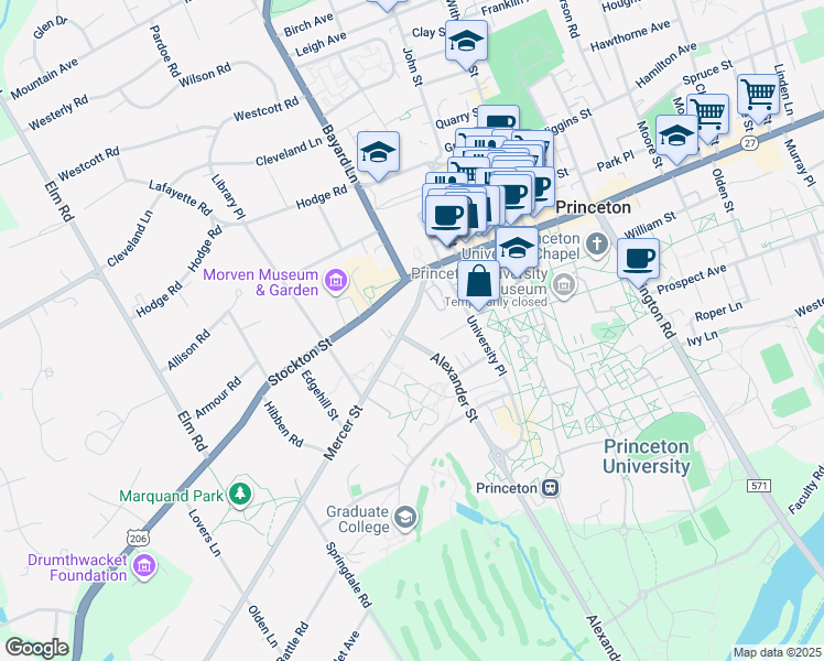 map of restaurants, bars, coffee shops, grocery stores, and more near 36 Mercer Street in Princeton