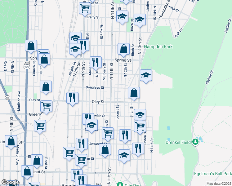 map of restaurants, bars, coffee shops, grocery stores, and more near 1114 Douglass Street in Reading