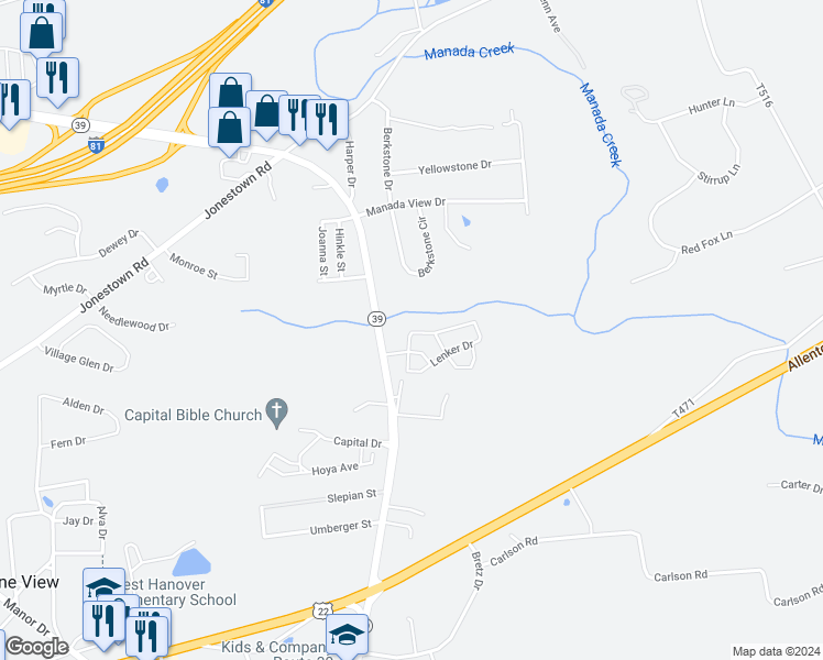 map of restaurants, bars, coffee shops, grocery stores, and more near 8100 Kelly Drive in Dauphin County